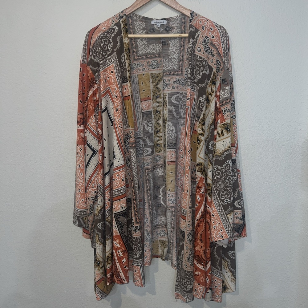 White Birch Open Front Kimono Cardigan Boho Geometric Orange Olive 1X T21972A4P